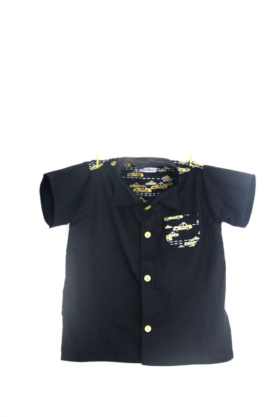 Yellow taxi shirt, yellow taxi print, yellow taxi gift, button down shirt, baby shirt, toddler shirt, boys shirt, funky shirt, quirky shirt