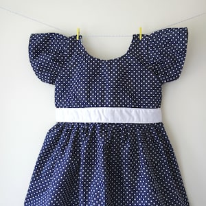 Girls navy dress with white spots / dots, spotty dress, dotty dress, girls wedding outfit, baby wedding outfit, toddler dress, baby dress image 1