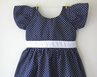 Girls navy dress with white spots / dots, spotty dress, dotty dress, girls wedding outfit, baby wedding outfit, toddler dress, baby dress