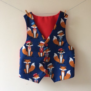 Fox waistcoat, nautical waistcoat, baby waistcoat, childrens waistcoat, new baby gift, fox print, fox gift, fox clothes, fox outfit image 1