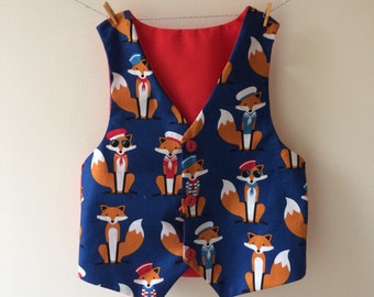 Fox waistcoat, nautical waistcoat, baby waistcoat, childrens waistcoat, new baby gift, fox print, fox gift, fox clothes, fox outfit