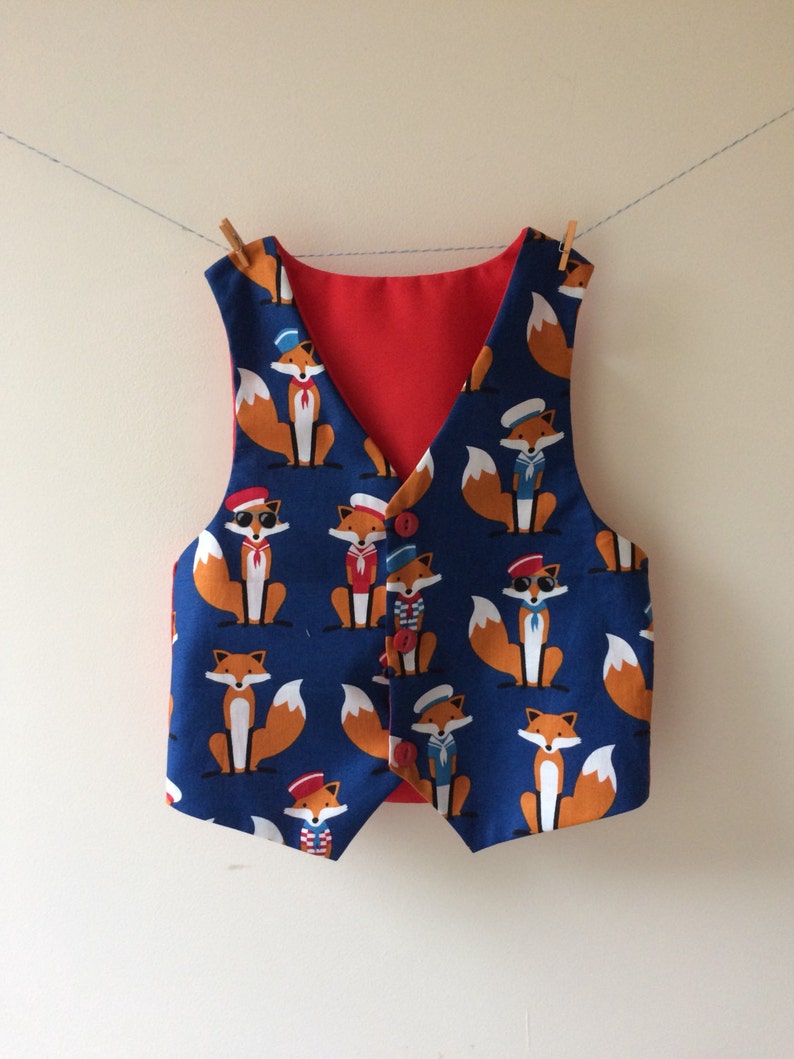 Fox waistcoat, nautical waistcoat, baby waistcoat, childrens waistcoat, new baby gift, fox print, fox gift, fox clothes, fox outfit image 1