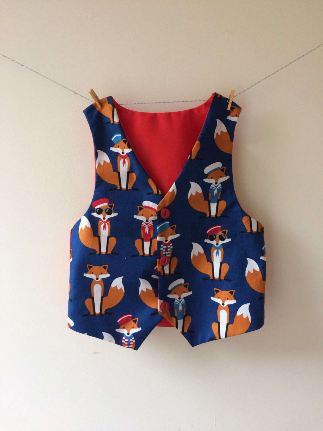 Fox waistcoat, nautical waistcoat, baby waistcoat, childrens waistcoat, new baby gift, fox print, fox gift, fox clothes, fox outfit