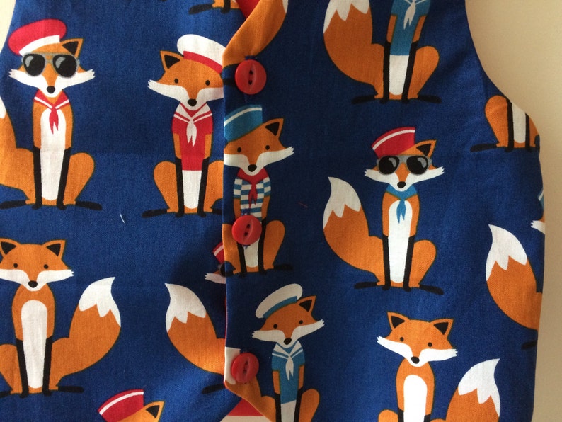 Fox waistcoat, nautical waistcoat, baby waistcoat, childrens waistcoat, new baby gift, fox print, fox gift, fox clothes, fox outfit image 2