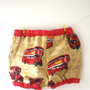 Bus nappy cover, bus diaper cover, London bus print, London bus gift, bloomer shorts, elasticated short, baby shorts, new baby gift
