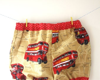 Bus nappy cover, bus diaper cover, London bus print, London bus gift, bloomer shorts, elasticated short, baby shorts, new baby gift