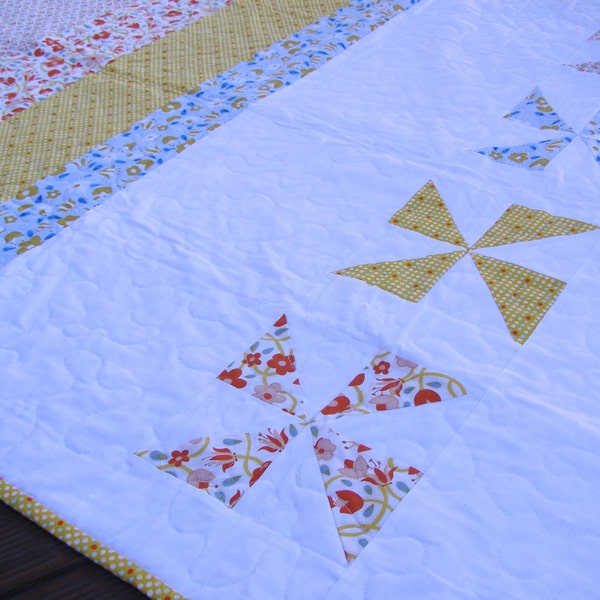 60% Off Sale - Bright Modern Baby Girl Crib or Cot quilt, handmade patchwork baby quilt, yellow, blue and orange, baby girl bedding
