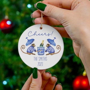 Personalized Chinoiserie Christmas Ornament , Champagne and monkeys ornament, Blue and White Custom Ornament, Christmas Ornament, New Years