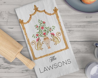 Customized Monogram Preppy Chinoiserie Tea Towel, Chinoiserie Monkey Bamboo Pagoda, Personalized Name Kitchen Towel, Gift Kitchen Towel