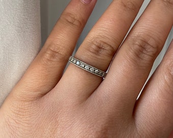 Engraved Diamond Wedding Band Ring 14K White Gold