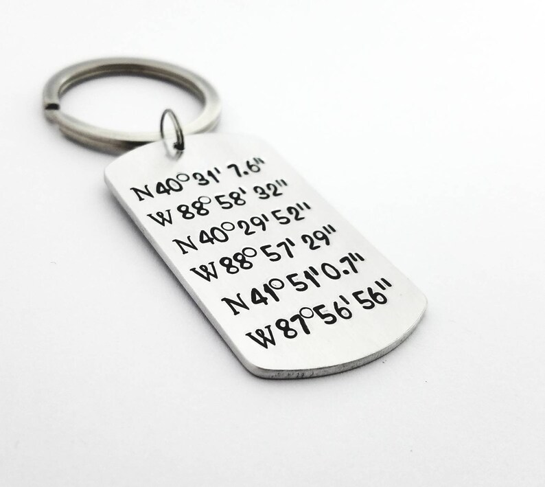 Hand Stamped Geo Coordinate Keychain Location Keychain Etsy