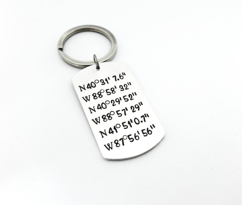 Hand Stamped Geo Coordinate Keychain Location Keychain Etsy