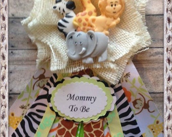 Safari Jungle Animals Mommy To Be Corsage Baby Shower Corsage Safari Theme White Burlap Corsage