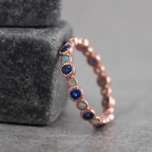 Eternity ring Alternating White opal and Sapphire gold ring - milgrain - antique - gold eternity band - Sapphire eternity - Opal eternity