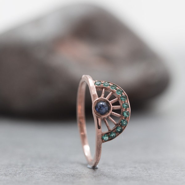 Fan ring, Crown Ring, Sapphire ring, Rose Gold Ring, Green Stones, Wheel, Red Gold, Dainty, Stacking ring, September birthstone