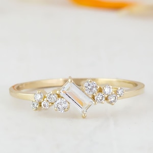 baguette ring, promise ring, diamond ring, white sapphire and diamond ring, stacking ring, cluster ring, gold ring, gift for her