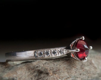 Garnet Ring  - Diamond ring - engagement ring - Red stone Ring - !4 Karat White Gold