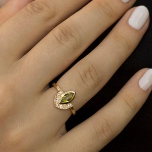 Vintage ring, diamond ring, Peridot ring, engagement ring, unique ring, unique engagement, Peridot engagement ring, halo Peridot ring image 1