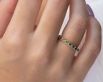 Gold Eternity blue emerald ring - milgrain eternity rings - gold rings - eternity band - may birthstone - stacking rings - free shipping