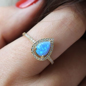 Opal and diamond Halo ring - Gold diamond ring - Blue opal ring - unique ring - 14K Gold ring