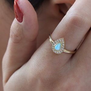 Opal diamond halo ring , handmade ring, 14k diamond ring, unique ring, gold opal ring, white opal engagement ring image 2