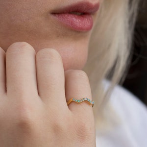 Gold Wave ring set with blue opals half eternity ring eternity band wavy ring image 2