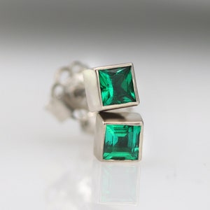 Every day Emerald stud earrings, small 3 mm princess cut Green earrings