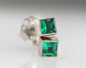 Every day Emerald stud earrings, small 3 mm princess cut Green earrings