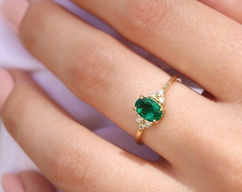 Vintage emerald ring, engagement ring, art deco, may birthstone, oval gemstone, cluster ring, promise ring, gift for her, antique inspired