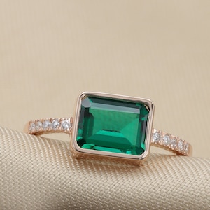 Green Emerald and Diamond ring, Octagon Emerald, dainty ring, Green Gemstone. rose gold ring, 14k gold ring, anniversary gift