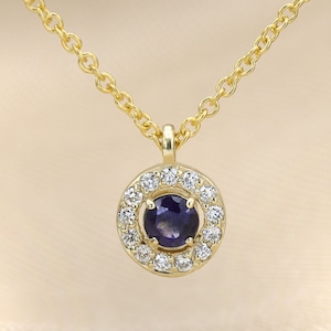 Sapphire and Diamond halo necklace, sapphire and diamond pendant, dainty necklace, halo pendant, sapphire, diamond
