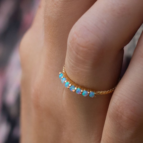 Half eternity ring Opal ring - blue stone ring