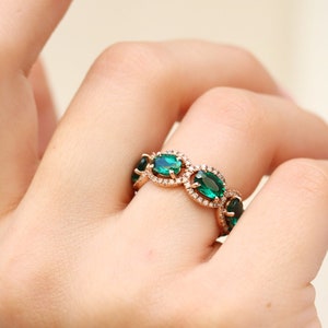 Emerald Moissanite Crown Eternity Ring, Royalty ring, Emerald Chatham, Halo ring, 14K gold ring, Green gemstone ring
