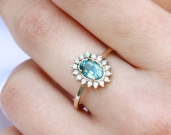 London Blue Topaz and Diamond Halo Accent 14K Gold Ring - Elegant Statement Jewelry - Oval cut femstone