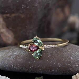 Tourmaline ring, Ruby ring, green tourmaline ring, pink, pear cut, 14K gold ring, diamond ring, promise ring, rose gold ring, art deco, gift image 4