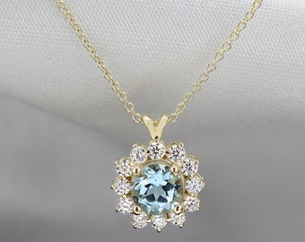 Beautiful Aquamarine Moissanite halo pendant gold necklace, dainty Aquamarine pendant, 14K Gold necklace, anniversary gift, gift for her
