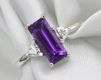 Amethyst Moissanite ring, vintage ring, baguette Amethyst , Purple gemstone, baguette ring solitaire, art deco, ring for women, antique