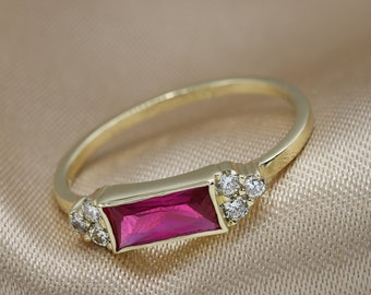 Baguette Ruby and Diamond ring, Baguette Ruby, round Diamonds. dainty ring, Red Gemstone 14K Gold ring, Pink