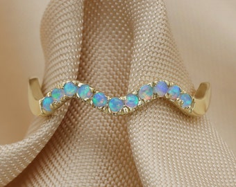 Gold Wave ring set with blue opals - half eternity ring - eternity band - wavy ring