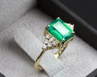 Emerald Diamond 14K gold ring - All ring sizes - art deco jewelry