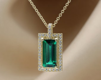 Art-Deco-Diamant- und Smaragdhalskette, grüner Smaragd, Goldhalskette, Smaragdschmuck, Mai-Geburtsstein, Smaragdanhänger, grüner Edelstein