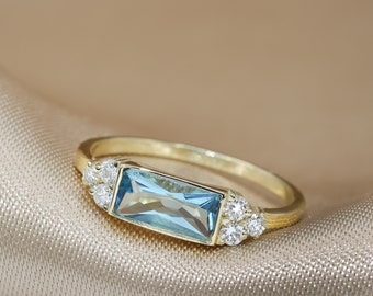 Aquamarine and Diamond engagement ring, Aquamarine, diamond ring, Baguette, 14K Gold,