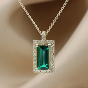 Art deco Diamond and Emerald necklace, Green Emerald , gold necklace, Emerald jewelry, May birthstone, Emerald pendant, Green gemstone