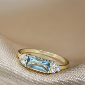 Aquamarine and Diamond engagement ring, Aquamarine, diamond ring, Baguette, 14K Gold,