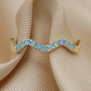 Gold Wave ring set with blue opals half eternity ring eternity band wavy ring image 1