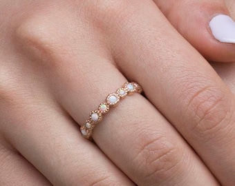 Eternity ring Alternating White opal gold ring - milgrain - antique - gold eternity band - Opal eternity rings