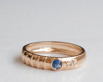 Blue Sapphire stone ring - 14K Gold and Diamond ring, Sapphire, Sapphire and Diamond, Blue stone ring, art nouveau, Vintage, Retro, Elegant