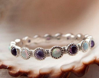 Unique Eternity ring made in Gold or Silver set with alternating gemstones amethysts and white opals in a vintage style milgrain setting