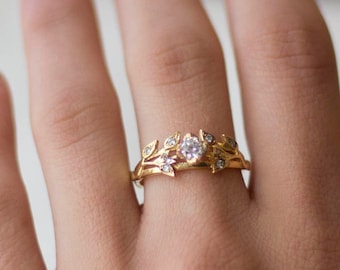 Gold Leaves engagement ring - diamond engagement ring - unique engagement ring - - flower engagement ring - Gold ring