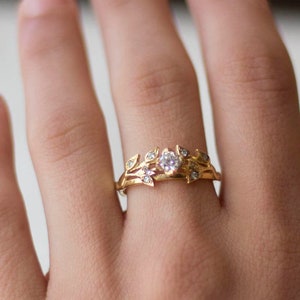 Gold Leaves engagement ring - diamond engagement ring - unique engagement ring - - flower engagement ring - Gold ring